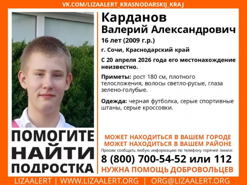 16-летний подросток пропал в Сочи