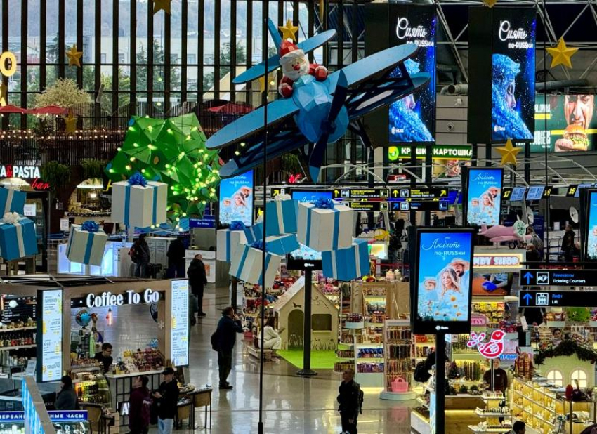 Картонный Дед Мороз и 65 метров гирлянд: аэропорт Сочи украсили к Новому году с помощью альпинистов